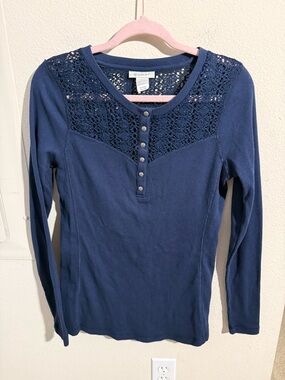 Ariat Daisy Henley Blue Lace Yoke Thermal Knit Long Sleeve Top Medium